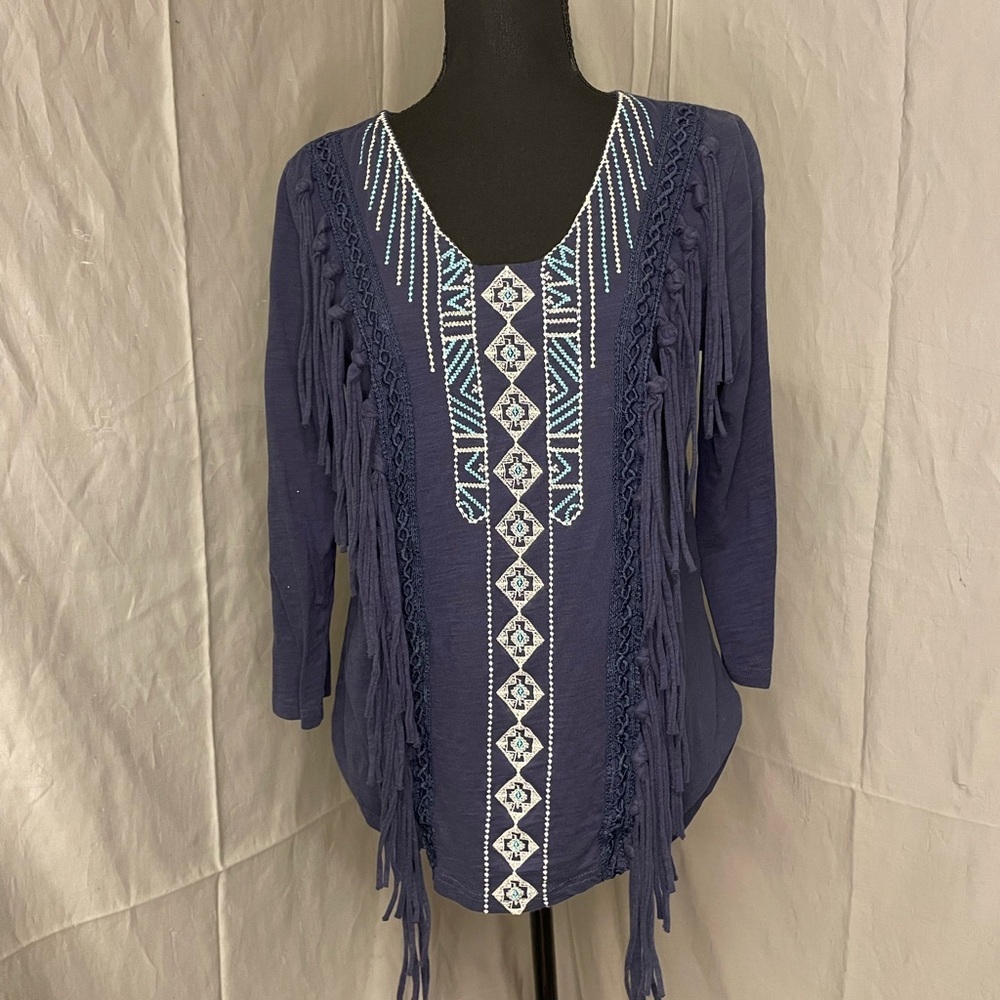 Mur Mur Chic 100% Cotton Navy Women's Blouse with Embroidery and Tassels Boho